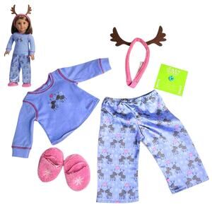 American Girl Reindeer Pajamas Pink Slippers Headband Charm Blue Top Satin Pants